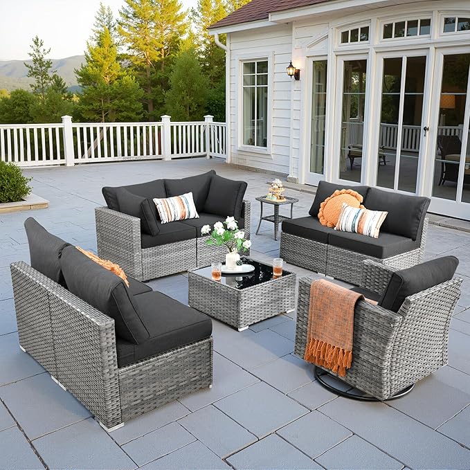 9 PCS Outdoor Patio Furniture Sets with Wicker Rocking Chair,Wicker Weather Resistant Patio Conversation Set with Comfy Cushions,Modular L Shaped Sofa with Coffee Table for Yard,Black