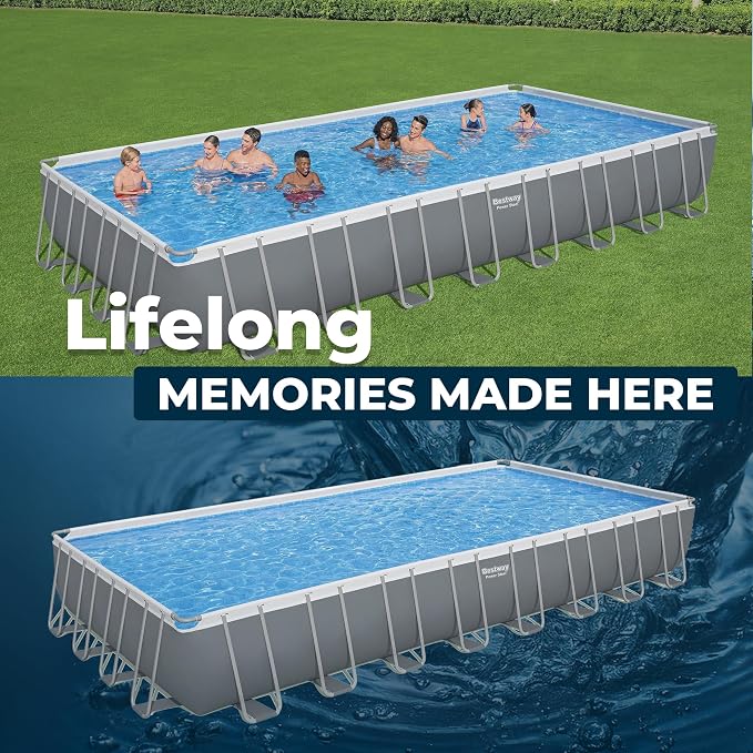 Bestway Power Steel 31’4" x 16' x 52” Above Ground Pool, Rectangular Metal Frame Outdoor Swimming Pool Set with Sand Filter Pump, Ladder, and Cover