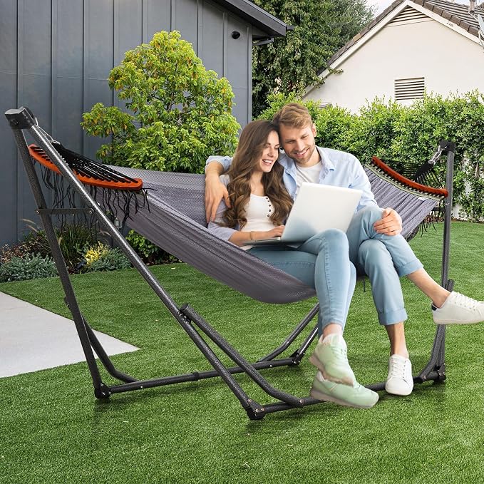 Goutime Collapsible Hammock Stand with Carry Bag, 550lbs, Portable, Grey | 3 level adjustable up to 10ft, double layer hammock net, fits indoor, yard, camping, and outdoor use