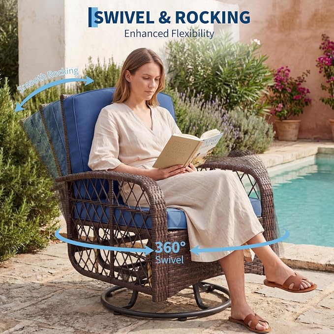 IDEALHOUSE 3-Piece Outdoor Patio Furniture Set, Wicker Swivel Rocking Chairs with Thick Cushions and Glass Coffee Table, Backyard & Garden Bistro Rocker Set, Brown+Blue Cushion