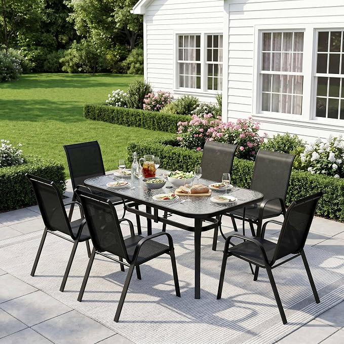 Arlopu 7-Piece Outdoor Table and Chairs for 6, Outdoor Dining Set W/Rectangle Glass Table and 6 Patio Textilene Stackable Chairs, Patio Furniture Set W/Umbrella Hole (Black Table & Black Chair)