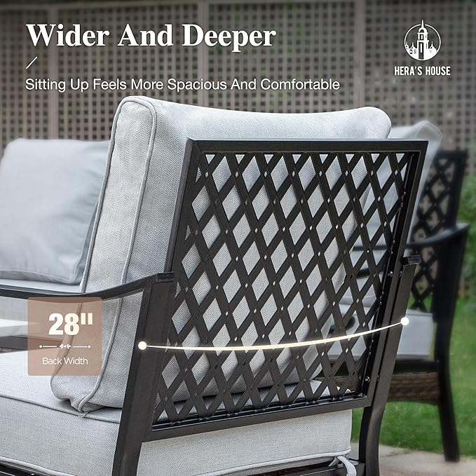 HERA'S HOUSE 6 Piece Metal Patio Furniture Set with 56" Fire Pit Table, All Weather Outdoor Conversation Set 7 Seats, 3 Seat Sofa, 2 Swivel Chairs, 2 Fixed Chairs for Backyard Garden Deck, Light Grey
