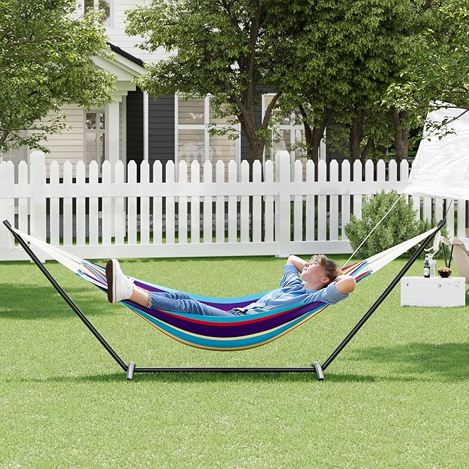 Double Hammock with Stand - Heavy Duty 450lbs Capacity, Portable Cotton Hammock for 2 Adults, Indoor & Outdoor Use with Travel Bag, Quick Assembly, Tropical Stripe Pattern