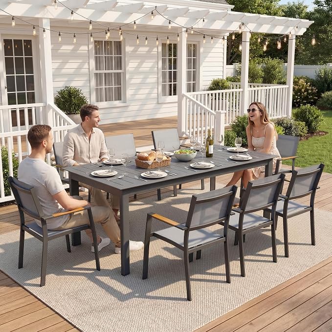 RoyalCraft Aluminum Outdoor Patio Table and Chairs Set with 121" L -81" L Expandable Dining Table, 9-Pieces Patio Furniture Set for 8, Outdoor Dining Set with Stackable Quick Drying Chairs, Grey