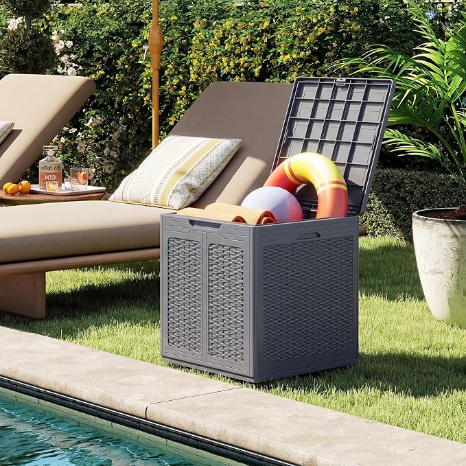 Tangkula 39 Gallon Outdoor Storage Box, Waterproof PP Resin Patio Storage Box with Lockable Lid for Indoor & Outdoor Use, Rattan Design Deck Box for Cushions, Garden Tools