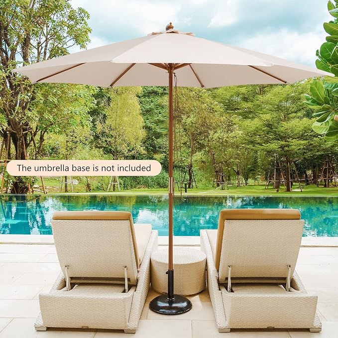 HAPPYGRILL 10 FT Wooden Patio Umbrella with Rope Pulley Lift, 8 Bamboo Ribs, 3 Adjustable Heights, Vented Roof, Outdoor Table Umbrella for Garden Poolside Backyard
