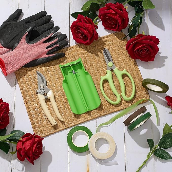 9 Pcs Rose Thorn Remover Set Include 1 Flower Thorn Stripper Tool 5 Floral Tape 1 Flower Scissor 1 Curve Gardening Scissors 1 Pair Gardening Gloves for Valentine Women Mother Gift (Green)