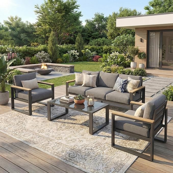 Aluminum Outdoor Patio Furniture Set with Height-adjustable Footrest for Lawn Porches Patio, 5-Seats All-weather Patio Sofa Sets with Coffee Table, Modern Outdoor Patio Conversation set, Grey