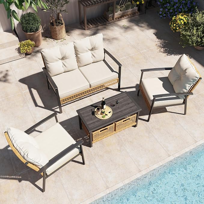LAUSAINT HOME 6-Piece Patio Conversation Set, Luxury Oversize Patio Furniture Set with Soft Cushions and Storage Metal Coffee Table, Outdoor Furniture Sets for Backyard, Porch (with 2 Wicker Baskets)
