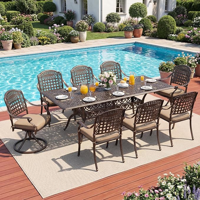 Redlife 9-Piece Cast Aluminum Outdoor Dining Set, 86" Rectangular Patio Table with Umbrella Hole, 2 Swivel Rocker Chairs & 6 Stackable Chairs with Cushion,Lattice Backrest, All-Weather Waterproof