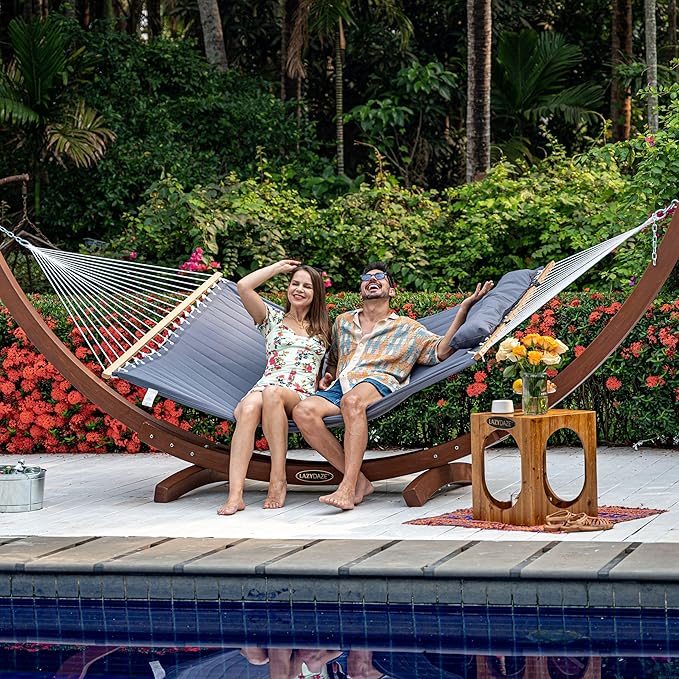 Lazy Daze Hammocks 2 Person Double Quilted Fabric Hammock with Spreader Bar, Detachable Pillow, Side Pocket, Carabiners, Chains, Straps for Outdoor, 450lbs Capacity, Grey