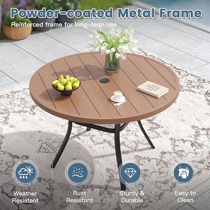 DIFY Outdoor Dining Set for 6, Patio Dining Furniture Set Includes 47.2" Walnut Round Table with Adjustable Umbrella Hole and 6 Brown Stackable Metal Chairs for Poolside, Garden, Backyard