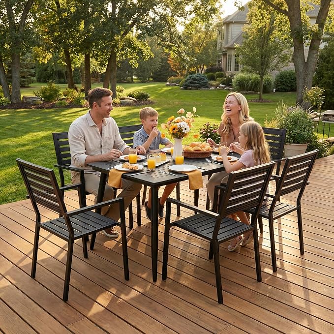7 Piece Outdoor Dining Set All Weather Patio Dining Set with HDPE Wood-Like Tabletop, Rustproof Metal Outdoor Table and Chairs with 6 Stackable Chairs for Garden Backyard, Black