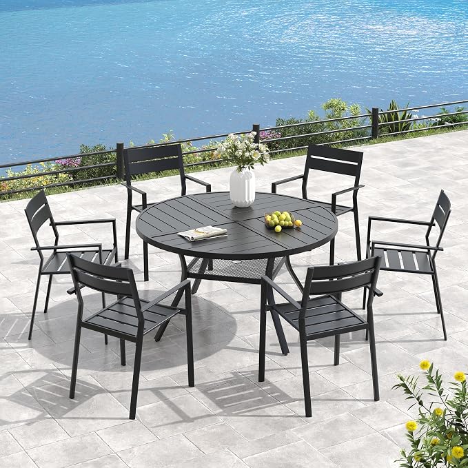 VICLLAX 50" Round Outdoor Table, Patio Dining Table for 6 with Umbrella Hole for Garden Lawn Deck Backyard, Black