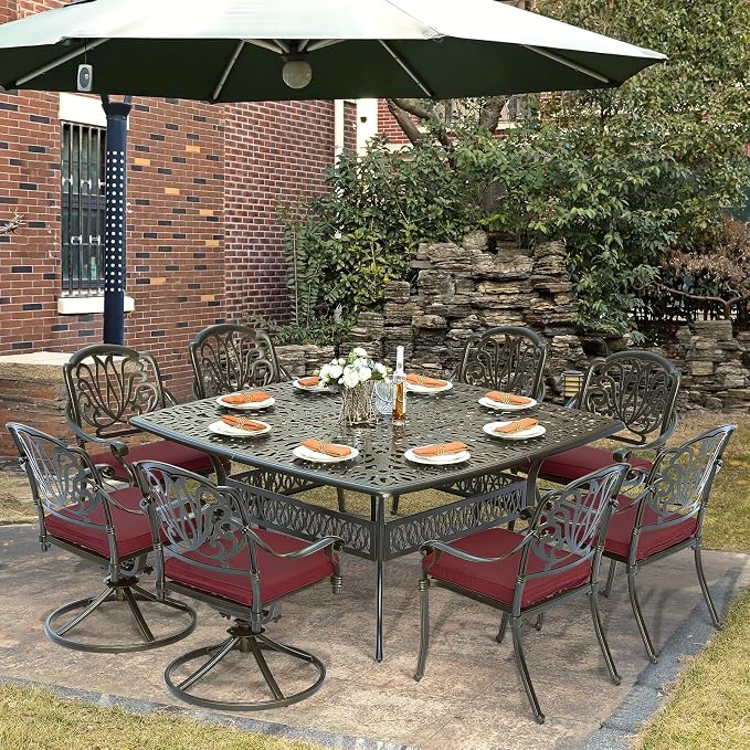 9-Piece Patio Cast Aluminum Dining Set, Outdoor Dining Furniture Set for 8 Person, Includes 64" Square Table, 4 Stationary and 4 Swivel Dining Chairs with Umbrella Hole, Red