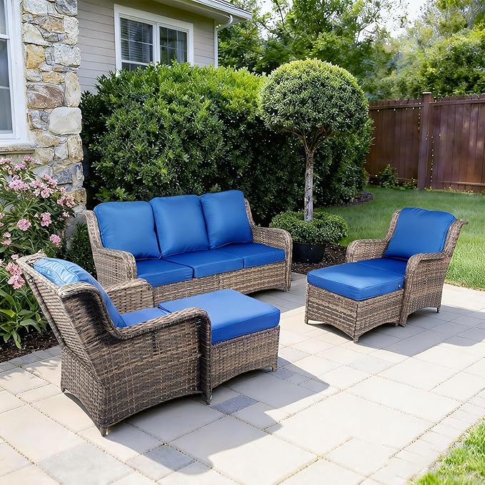 Wicker Patio Furniture Set, 33" High Back Chairs with 4" Thick Cushions, 5 Pieces Outdoor Seating Furniture, Conversation Set with Ottomans for Lawn Yard Porch, Blue
