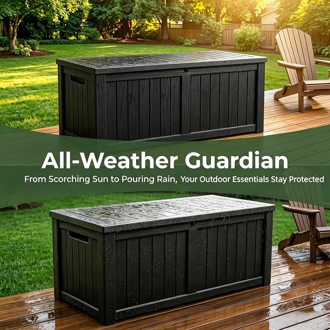 MAKINO 151 Gallon Large Resin Outdoor Storage Box, Waterproof Deck Box, Lockable Deck Container with Reinforced Support, Outdoor Chest for Patio Accessories, Outdoor Cushions, Garden Tools, Black