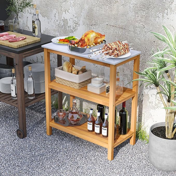 Goplus Patio Wooden Sideboard, 3-Tier Acacia Outdoor Kitchen Buffet Organizer w/Marble-Like Countertop & 2 Slatted Shelves, Garden Potting Bench Table & Plant Stand for Backyard, Garden, Deck