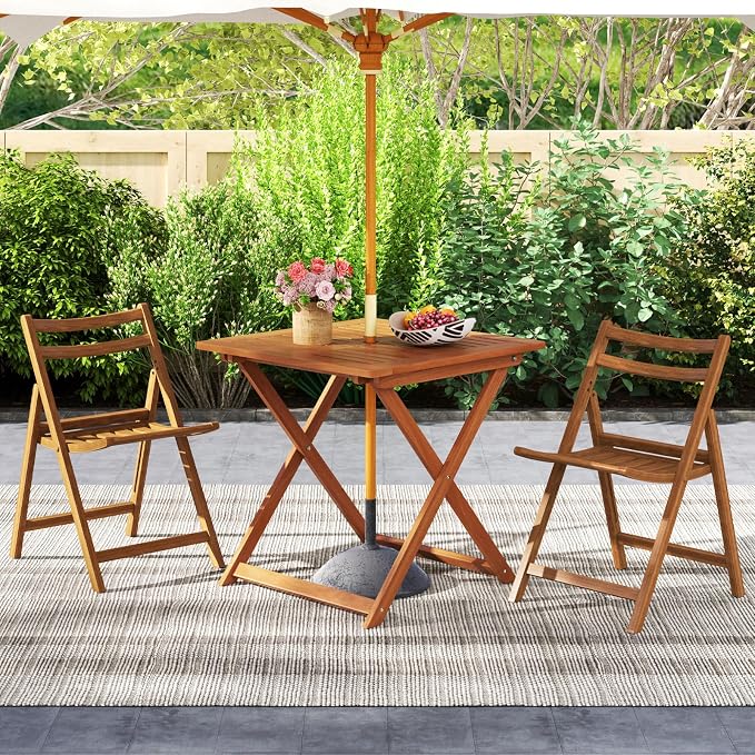 Byroce Outdoor Patio Table, 29.5” x 29.5” Folding Bistro Table with Slatted Tabletop & 2” Umbrella Hole, Solid Wood Outdoor Dining Table, Portable for Backyard, Poolside & Balcony (1, Square)