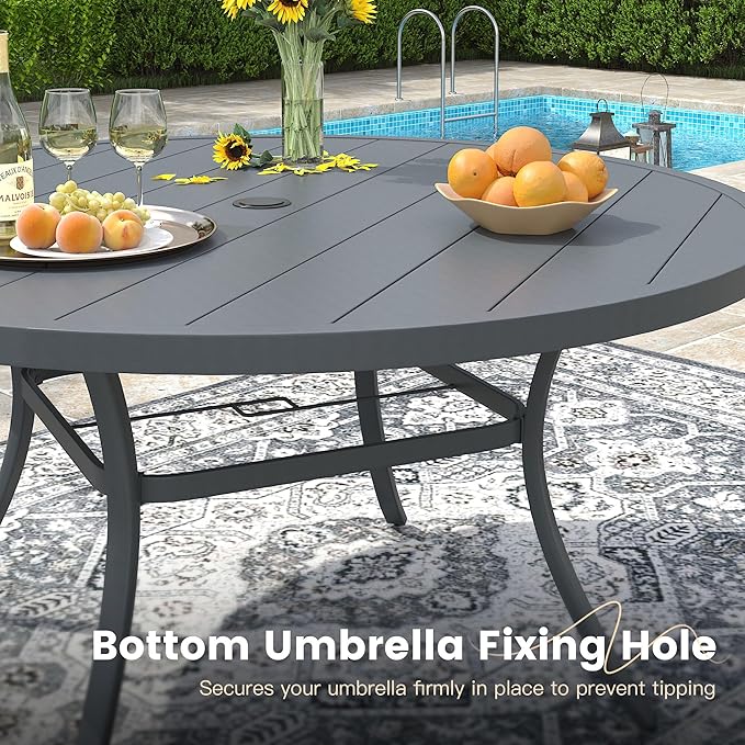 VICLLAX 11 Pieces Patio Outdoor Dining Set, 63" Round Metal Table with Umbrella Hole and 10 Stackable Textilene Chairs for Patio, Lawn, Garden, Porch, Dark Grey/Grey