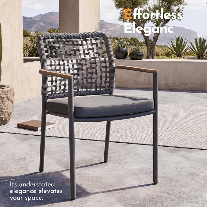 Modern Shade Riviera Outdoor Dining Chairs Set of 2, Fade Resistant, All-Aluminum Woven Rope Outdoor Chairs with FSC Teak Wood Armrests, Weather-Resistant Patio Chair with Quick Dry Cushion, Gray