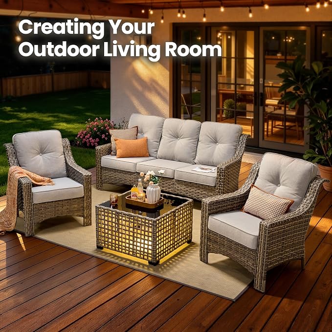 4 Piece Patio Furniture Set with Solar Light Coffee Table, Heavy Duty Wicker High Back Sofa Chairs with Thick Cushion, Small Outdoor Conversation Sets for Backyard Garden Porch, Grey