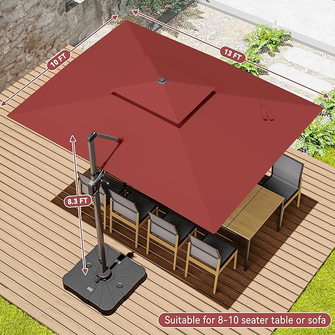 10x13 FT Cantilever Patio Umbrella with Base and Led Lights Double Top Outdoor Rectangular Large Heavy Duty Aluminum Offset Umbrellas with 7 Level Tilt 360-degree Rotation for Pool Garden Deck, Wine Red