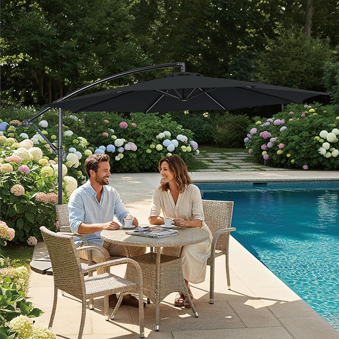 10FT Offset Patio Umbrella, Cantilever Hanging Umbrella with Infinite Tilt, Fade-Resistant Water-Repellent Canopy & Cross Base for Yard, Garden & Deck