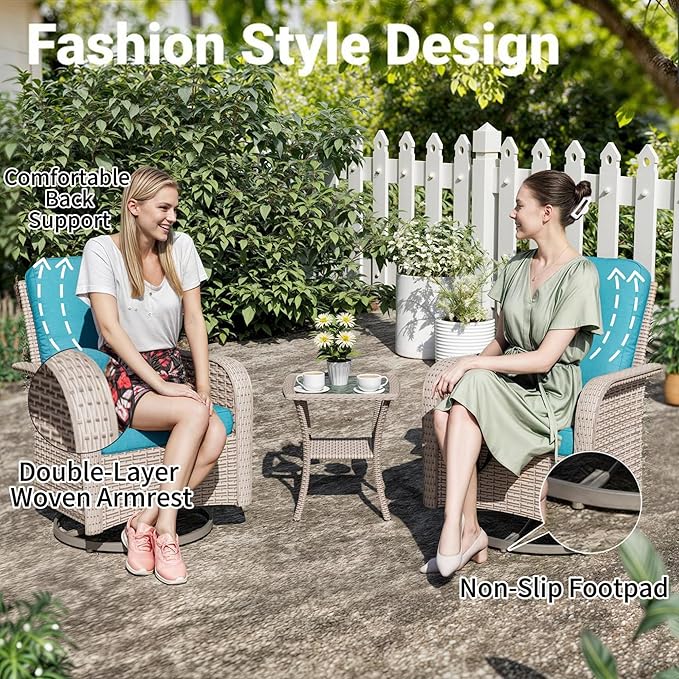 10 Pieces Patio Furniture Set with Fire Pit Table, Outdoor Sectional Wicker Sofa with Thick Cushions, High Back Swivel Rocker Patio Chairs, Rattan Conversation Set with Coffee Table, Cyan
