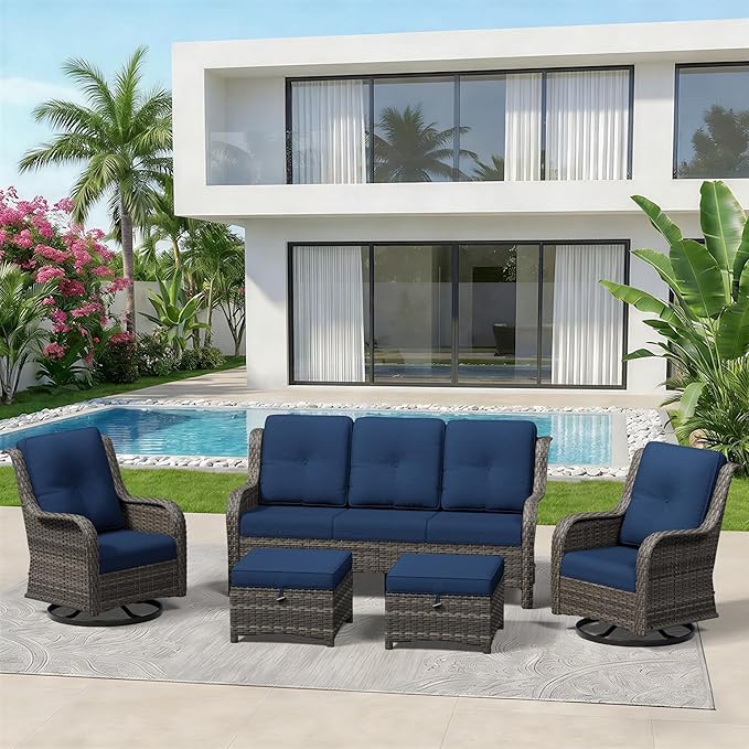 5 Piece Outdoor Wicker Patio Furniture Set, Outdoor Swivel Rocker Patio Chairs Set with Thickened Olefin Cushions, High Back and Deep Seating, Hand-Woven PE Rattan for Porch, Deck