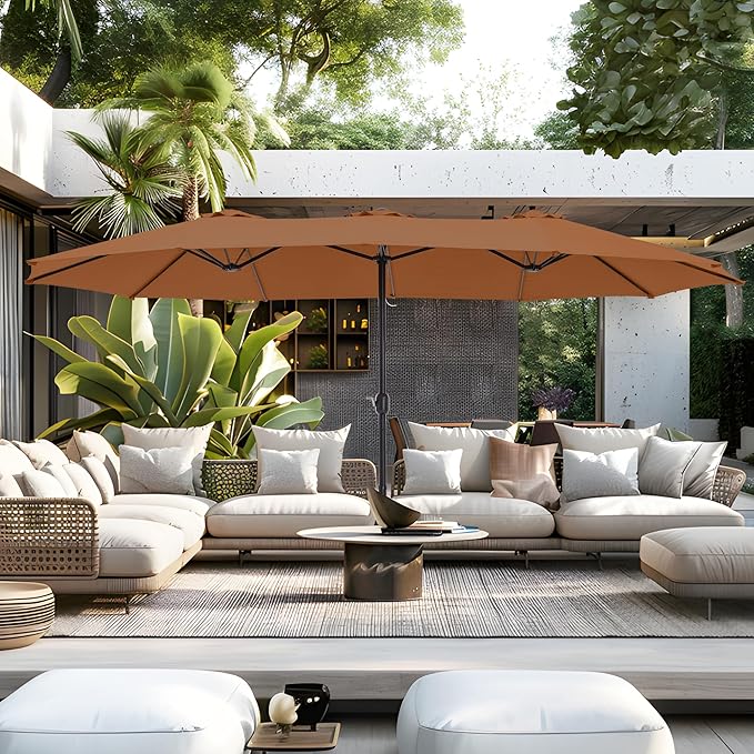 HERA'S PALACE Umbrella Patio Outdoor with Base 15ft Rectangle Table Double Market Heavy Duty Umbrellas Clearance Large Included Stand for Deck Outside Pool Yard Inground Commercial, Tawny