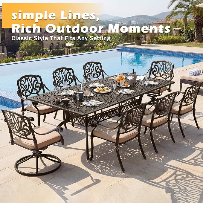 9-Piece Outdoor Dining Set, Retro Bronze Cast Aluminum Patio Furniture Include 86.6" Rectangle Table and 8 Fixed Chairs with Cushion and Umbrella Hole for Patio Deck Garden