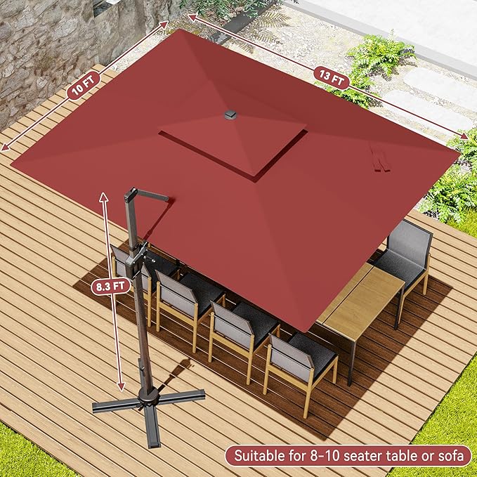 10x13 FT Cantilever Patio Umbrella with Led Lights Double Top Outdoor Rectangular Large Heavy Duty Aluminum Offset Umbrellas with 7 Level Tilt 360-degree Rotation for Pool Garden Deck, Wine Red