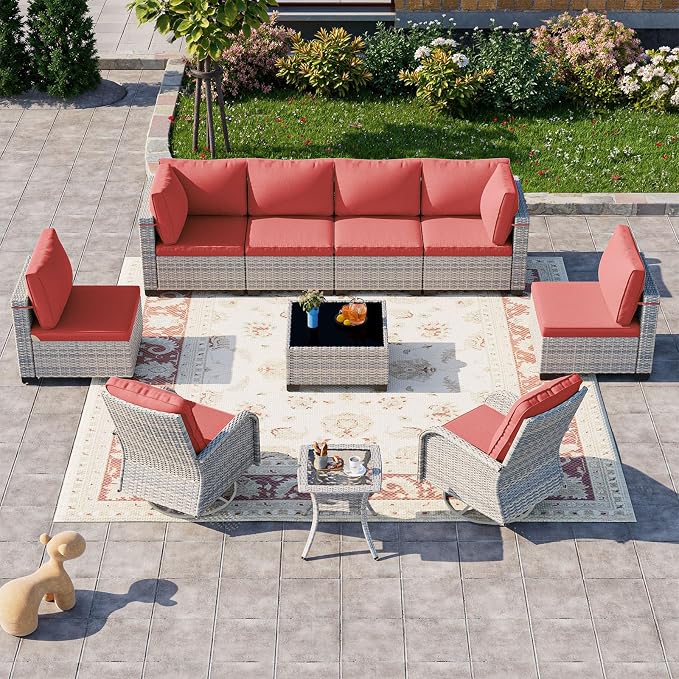 10-Piece Patio Furniture Set, Outdoor Patio Furniture with Swivel Chairs Set, Thick Cushions, Modular Patio Sofa, Dual-Strand Wicker Rattan, Rust-Resistant Frame, Dark Red