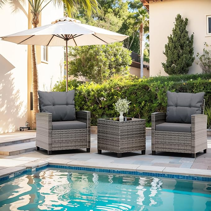 Vongrasig 3 Pieces Patio Furniture Set Small Outdoor Wicker Rattan Front Porch Bistro Set Cushioned Patio Chairs Conversation Set with Glass Table for Lawn, Garden, Backyard, Balcony, Gray
