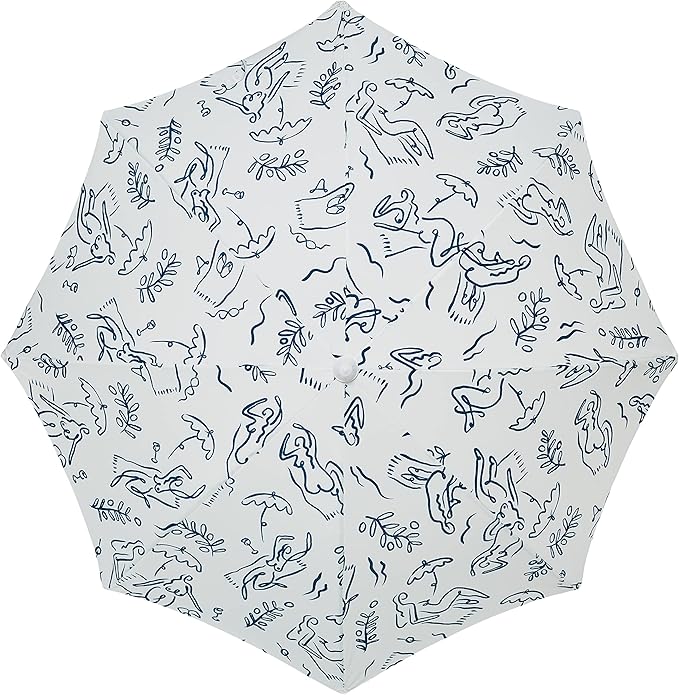 Business & Pleasure Co. Holiday Umbrella - Boho Beach Umbrella with White Fringe, UPF 50+, 1" Tilting Wood Pole, 5’ x 6.5’, Le Basque Navy