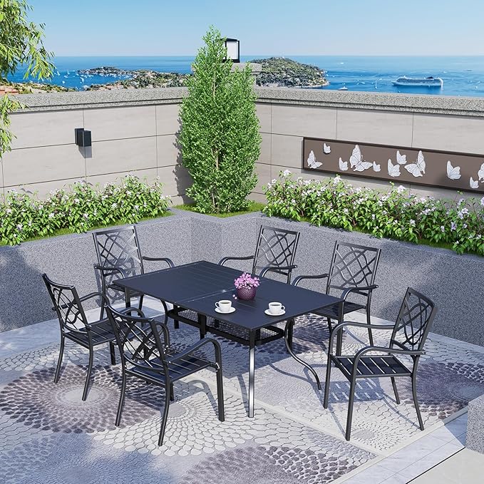 Crownland 7 Piece Outdoor Patio Metal Dining Sets, 6 Stackable Metal Chairs and Rectangular Outdoor Dining Table with with Dark Blue 9FT Round Outdoor Umbrella, for Backyard, Garden (Classic Black)