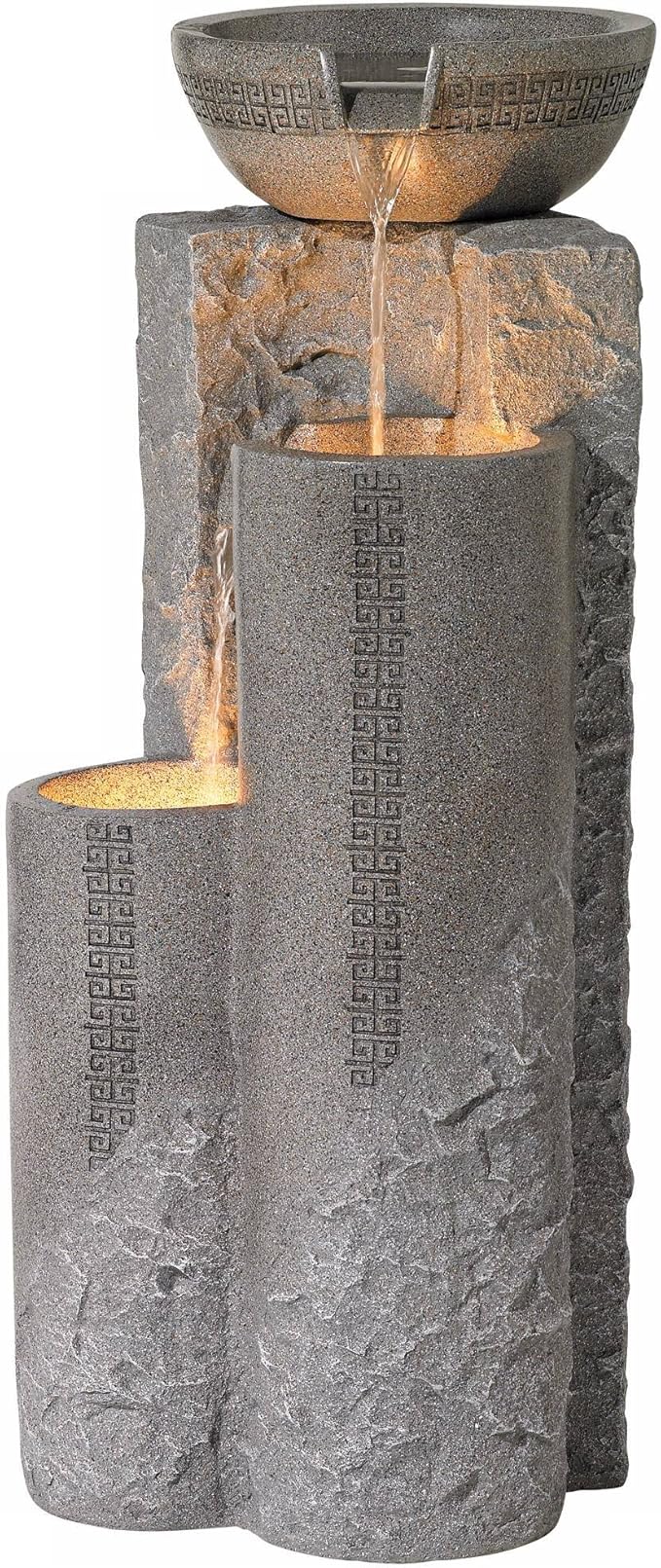 Bowl and Pillar 34 1/2" High Large Modern Zen Outdoor Decor Faux Stone Floor Fountain with Light LED Standing Waterfall Tiered Water Feature for Outside Garden Patio Yard Backyard - John Timberland
