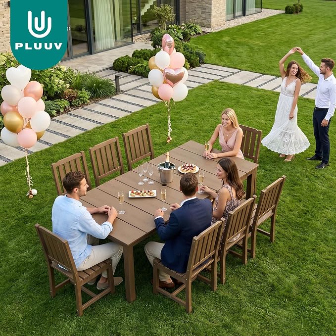 PLUUV Outdoor Dining Set for 8 Person, HDPE Large Table with Aluminum Legs and 8 Armless Chairs, All-Weather Patio Dining Furniture Set with Umbrella Hole for Backyard, Garden, Brown