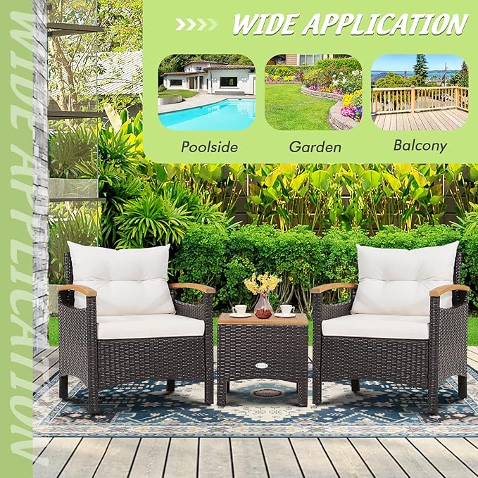Tangkula 3-Piece Patio Furniture Set, Patiojoy Outdoor Rattan Sofa Set with Coffee Table, Patio Conversation Set with Removable Cushion, Cozy Acacia Wood Armrests for Backyard, Poolside (Off White)