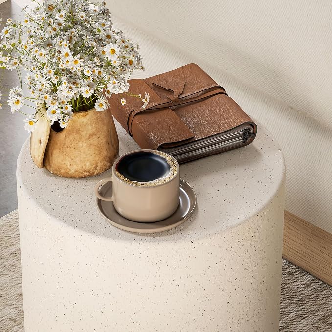 HOMCOM Concrete Finish Side Table, Lightweight Accent Table, 17" Patio Round Stump End Table with 4 Adjustable Feet for Indoor, Outdoor, Cream White