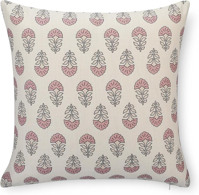 Crumbs Home Modern Farmhouse California Casual Indoor Outdoor Throw Pillow Cover, 20"x20" Water Repellent for Patio, Backyard, Couch, Poolside, Earth Tone Dark Rose Ivory Cream Block Print Flowers