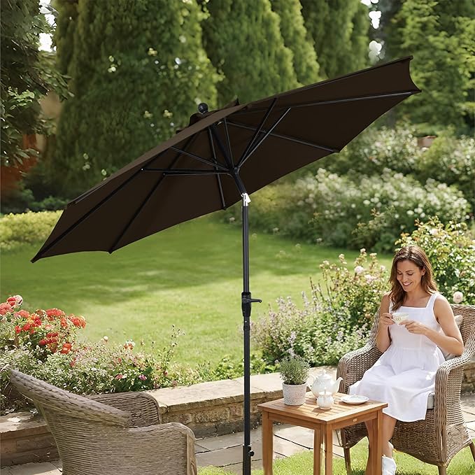 9FT Outdoor Patio Umbrella with Crank Lift & Auto Tilt - Market Umbrella, 8 Heavy-Duty Ribs, UV Resistant & Water-Repellent for Garden, Deck, Poolside & Backyard