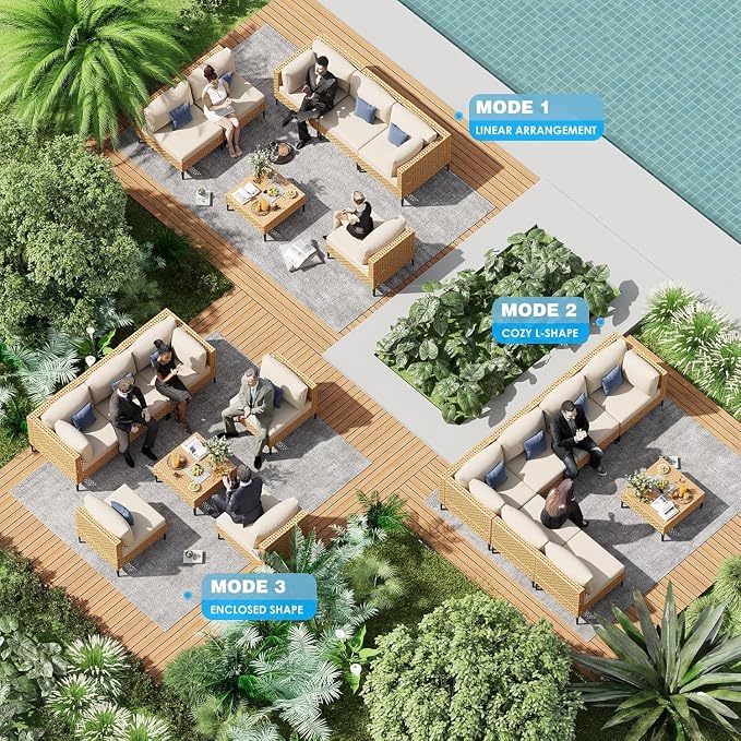 7-Piece Patio Furniture Set 110" Large Wicker Outdoor Sectional Sofa with Coffee Table, Boho Style Conversation Set Featuring All-Weather Cushions for Backyard, Porch, and Garden Use