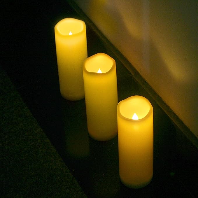 iZAN 2 Pack Waterproof Outdoor Flameless Candles with Timer 3” x 8” Battery Operated Electric LED Pillar Candle Set for Gift Home Décor Party Wedding Supplies Garden Halloween Christmas Decoration