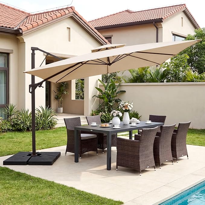 JEAREY 11ft 2-Tier Cantilever Patio Umbrella, Large Square Outdoor Offset Umbrella with Double Top Vent and 360-degree Rotation for Garden, Deck, Pool, Patio, Beige