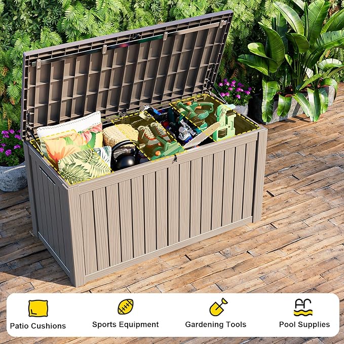 PatioZen 150 Gallon Resin Deck Box Outdoor Storage Box with Lockable Lid, Waterproof for Patio Cushions, Gardening Tools & Exercise Equipment
