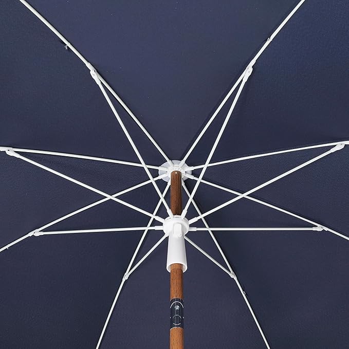 JONATHAN Y Mariner 6.5 ft. Beach Umbrella, Navy Solid with Fringe, Push-Button Tilt, UPF 50+ Sun Protection and Carrying Bag for Patio and Pool, Dark Brown Wood-Finish Pole UMB1005I