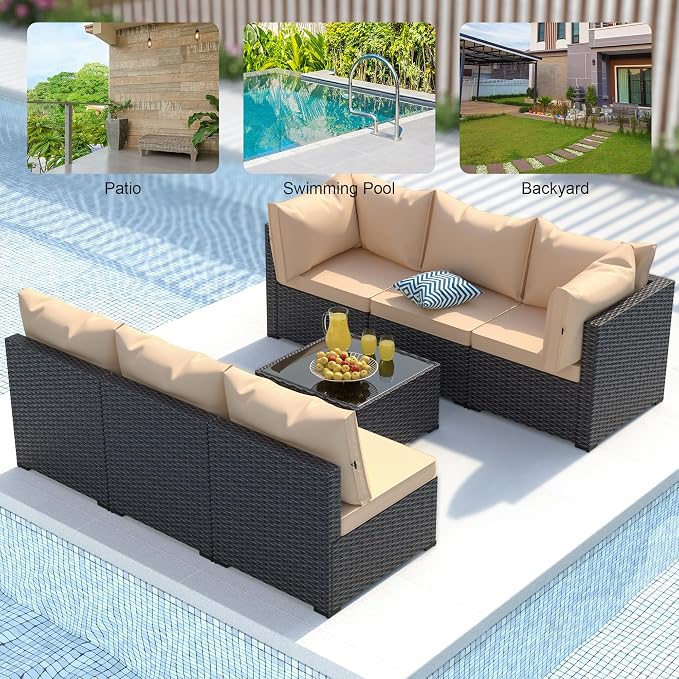 Patio Furniture Set, 7PCS Outdoor Sectional PE Rattan Patio Conversation Set w/Thickened Cushion Modular Wicker Patio Sofa Set w/Coffee Table for Balcony, Backyard(Coffee)