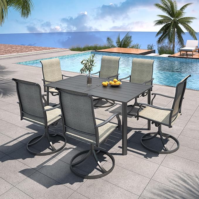 Patio 29" Heigh Rectangle Table and Tan Grey Swivel Chair Dining Set 7 Sty1 | 63"x38" Metal Table, 29" Heigh Table Top,All Weather; 6 Piece Swivel Chairs: High Back,Retro Armrest,Textilene Fabric,Rocking